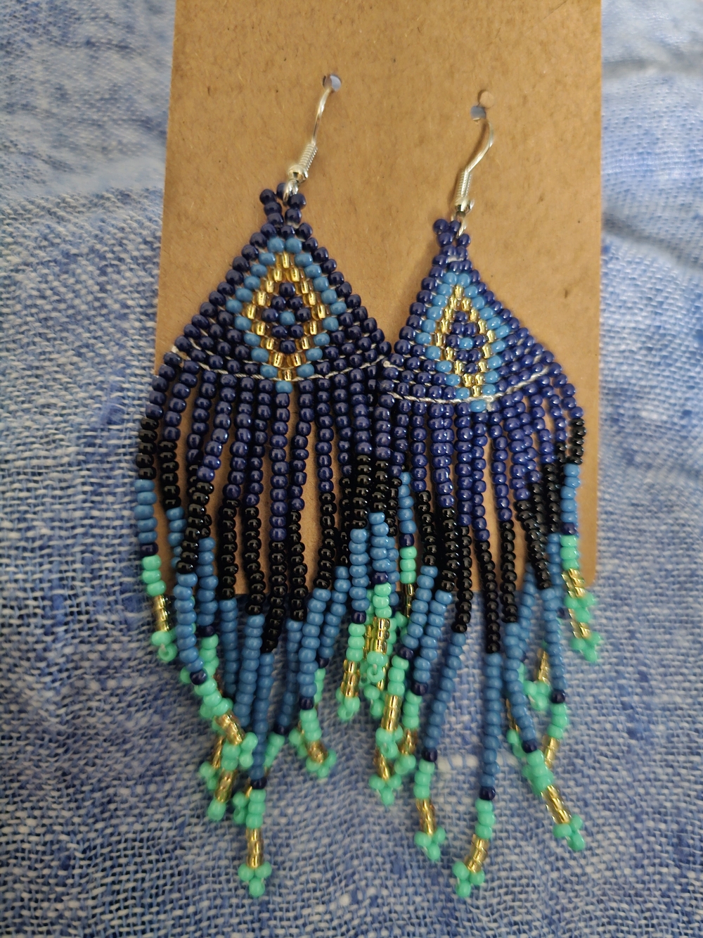Native Style Boho Blue & Turquoise Seed Bead Fringe Earrings with Gold Accents - Picture 2 of 3